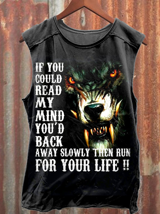 Vintage Funny Wolf Print Cotton Tank Top