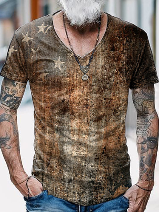 Make Old And Retro Printed Vintage Fashion Loose V-Neck Short Sleeve T-Shirt
