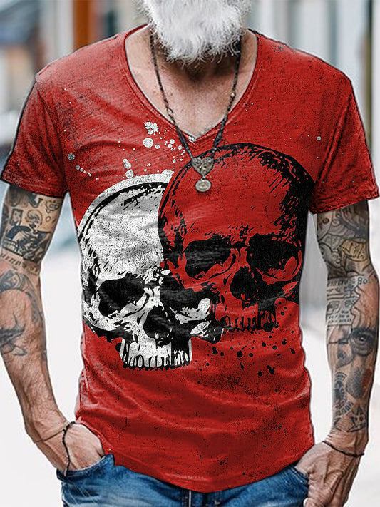 Skull Printed Vintage Fashion Loose V-Neck Short Sleeve T-Shirt