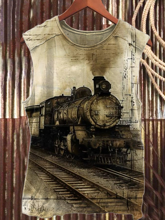 Retro Train Print Cotton Tank Top
