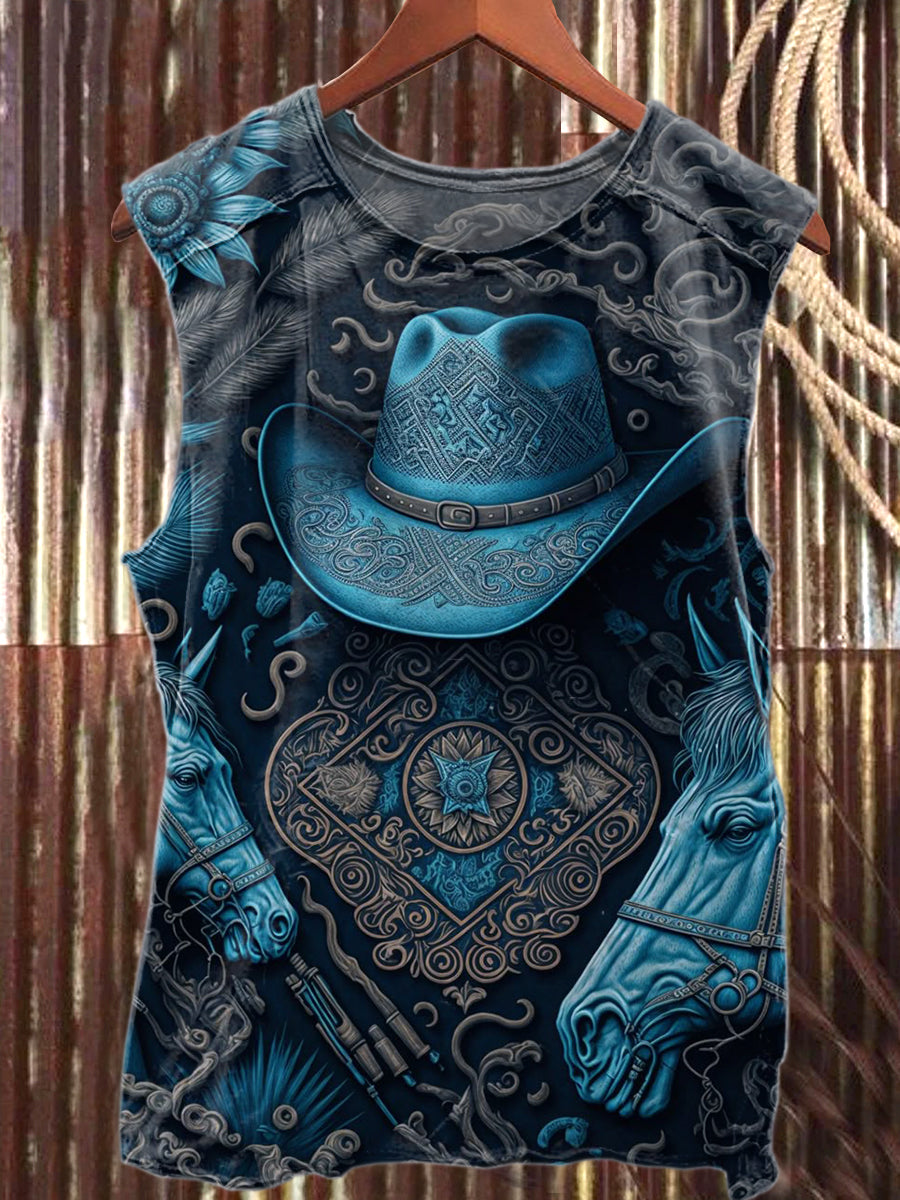 Retro Western 3D Printed Loose Cotton Tank Top
