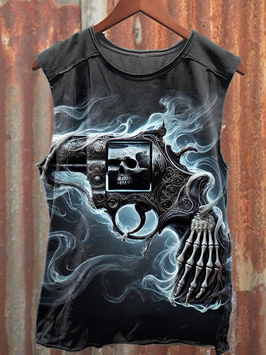 Vintage Skull And Pistol Print Loose Cotton Tank Top