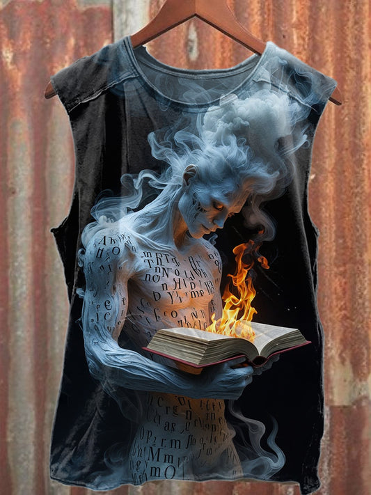 Vintage Spell Book Print Loose Cotton Tank Top