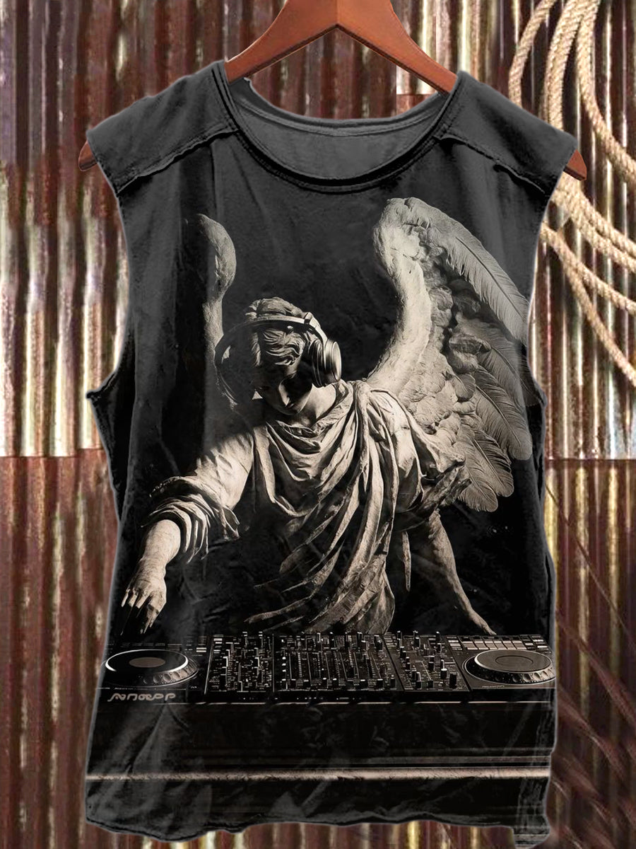 Retro DJ Angel Print Loose Cotton Tank Top