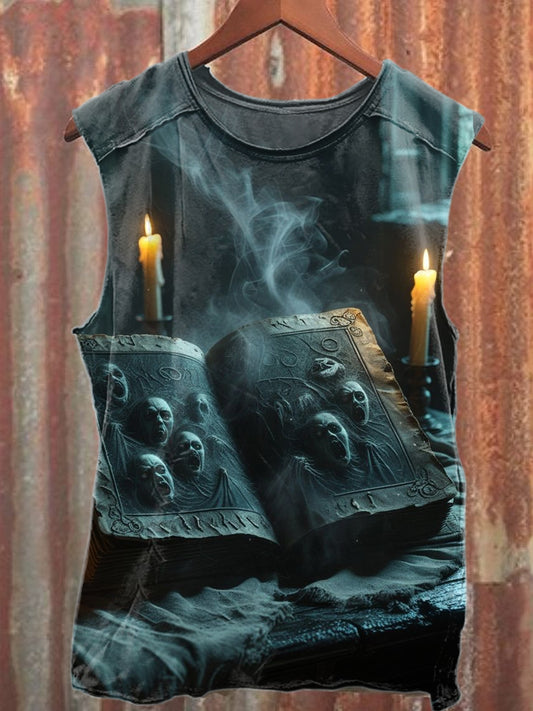 Vintage Spell Book Print Loose Cotton Tank Top