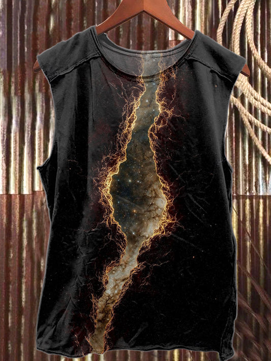 Retro Space-Time Crack Print Loose Cotton Tank Top