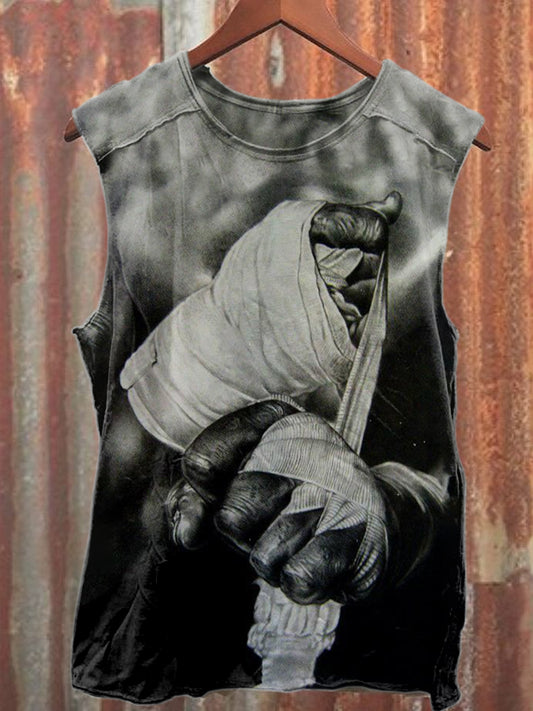 Vintage Boxing Print Casual Cotton Tank Top