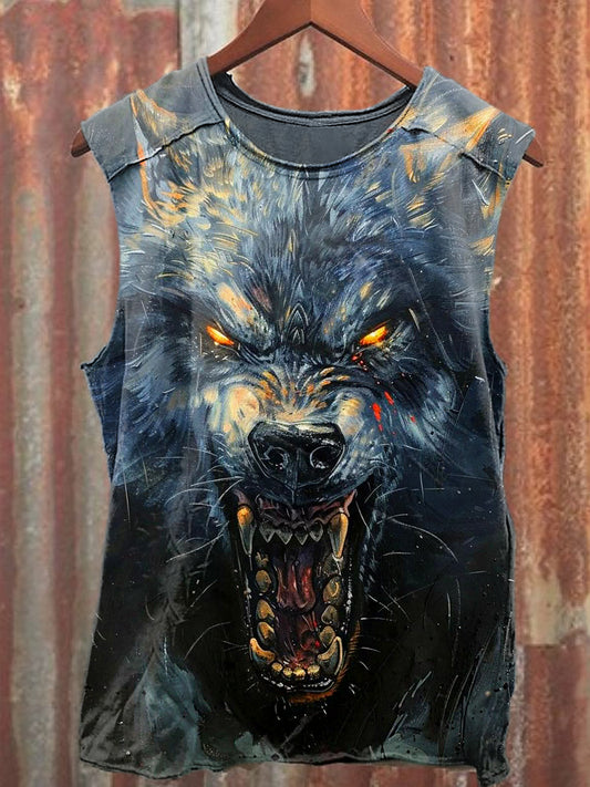Men's Casual Roaring Wolf Printed Tank Top