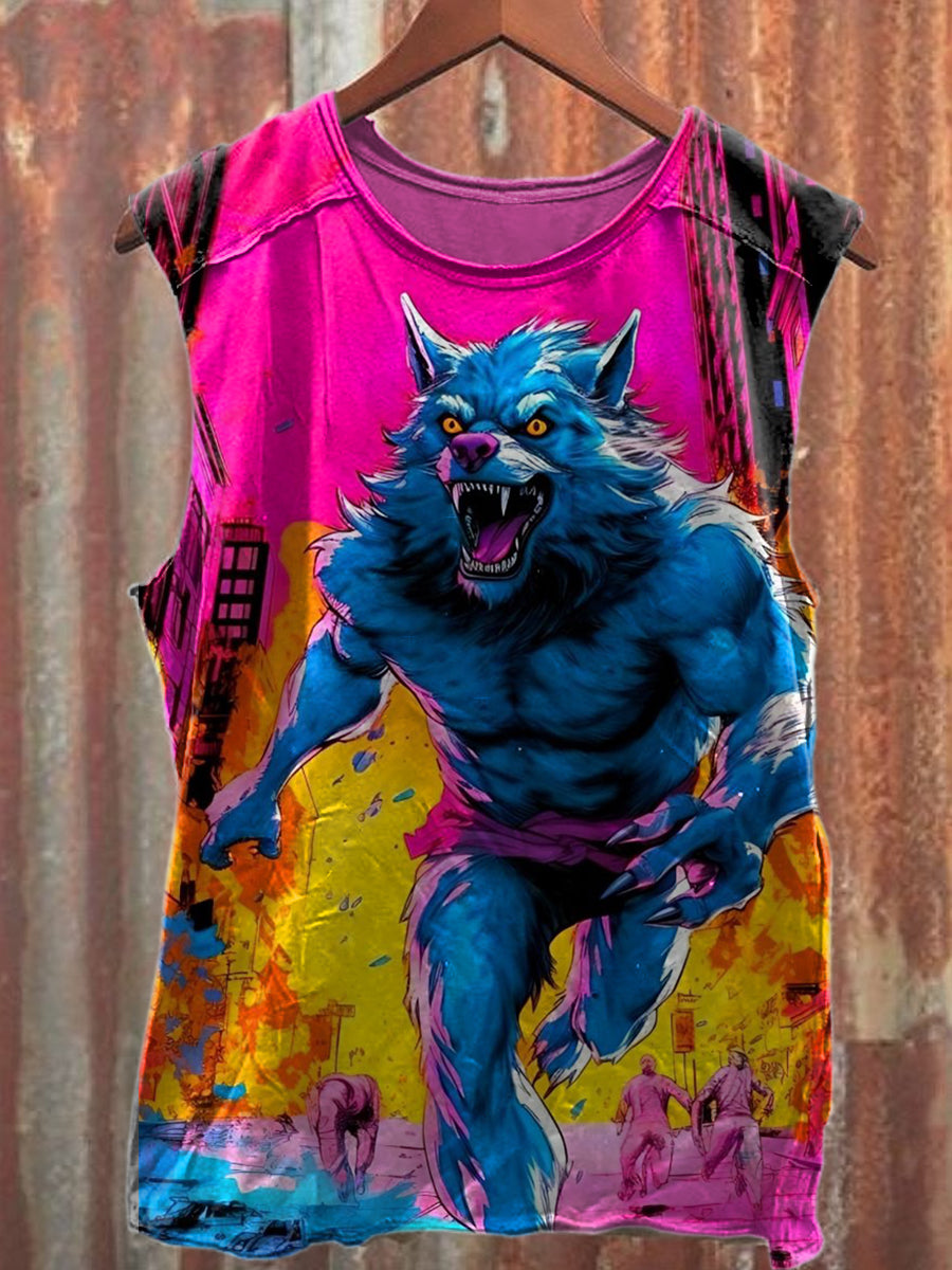 Vintage Wolf Print Casual Cotton Tank Top