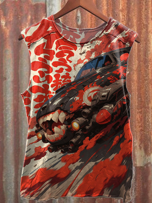 Retro Graffiti Car Print Casual Cotton Tank Top
