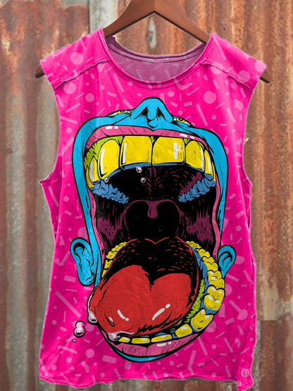 Graffiti Mouth Print Casual Cotton Tank Top