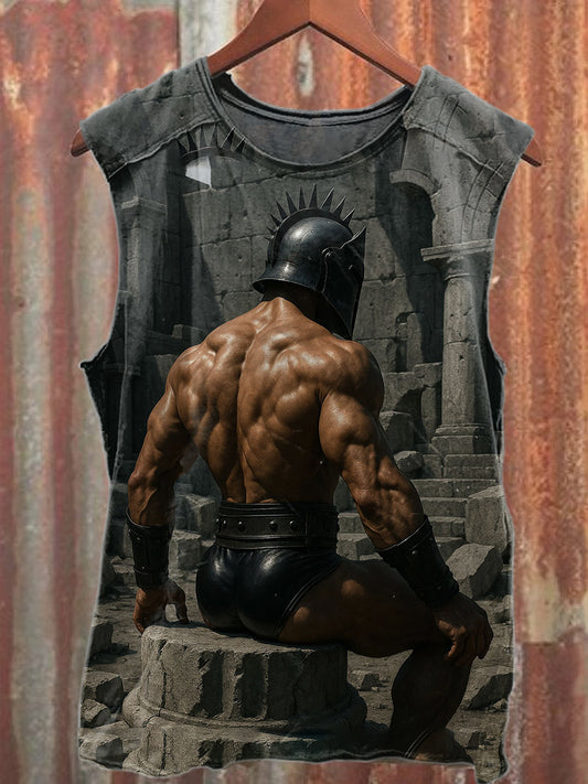 Vintage Roman Warrior Print Casual Cotton Tank Top