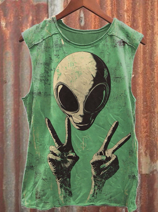 Funny Alien Print Casual Cotton Tank Top