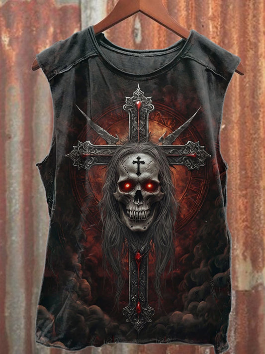 Vintage Cross Skull Print Casual Cotton Tank Top
