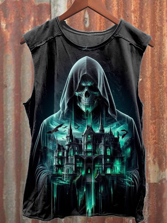 Vintage Skull Throne Print Casual Cotton Tank Top
