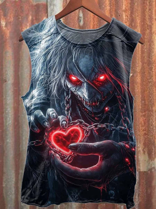 Retro Undead Skull Heart Printed Casual Cotton Tank Top