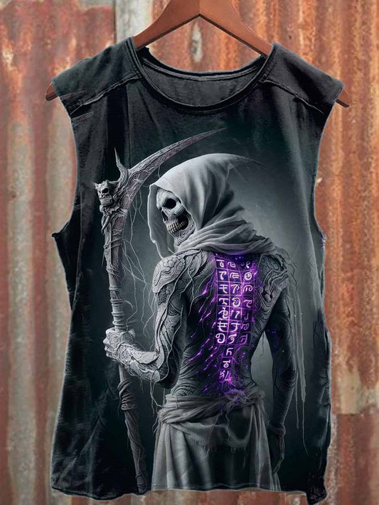 Vintage Skull Rune Print Casual Cotton Tank Top