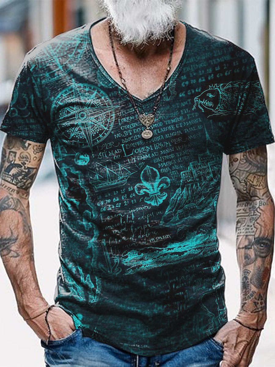 Navigation Printed Vintage Fashion Loose V-Neck Short Sleeve T-Shirt