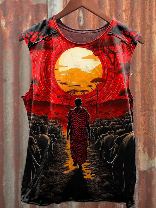 Men's Casual Red Sun Printed Tank Top
