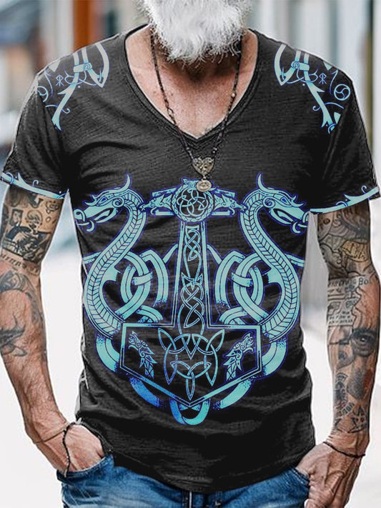 Dragon Totem Printed Vintage Fashion Loose V-Neck Short Sleeve T-Shirt