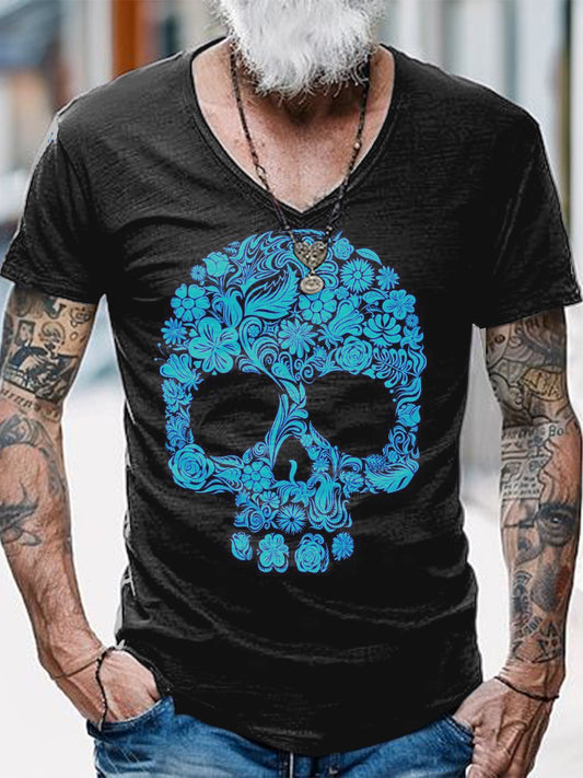 Flower Skull Printed Vintage Fashion Loose V-Neck Short Sleeve T-Shirt