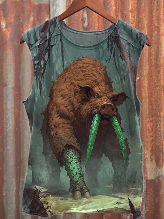 Vintage Wild Boar Art Print Cotton Tank Top