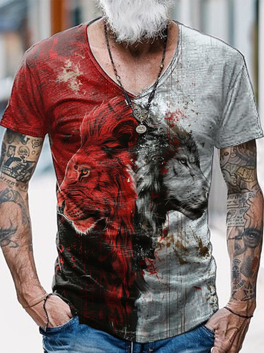 Lion And Wolf Printed Vintage Fashion Loose V-Neck Short Sleeve T-Shirt