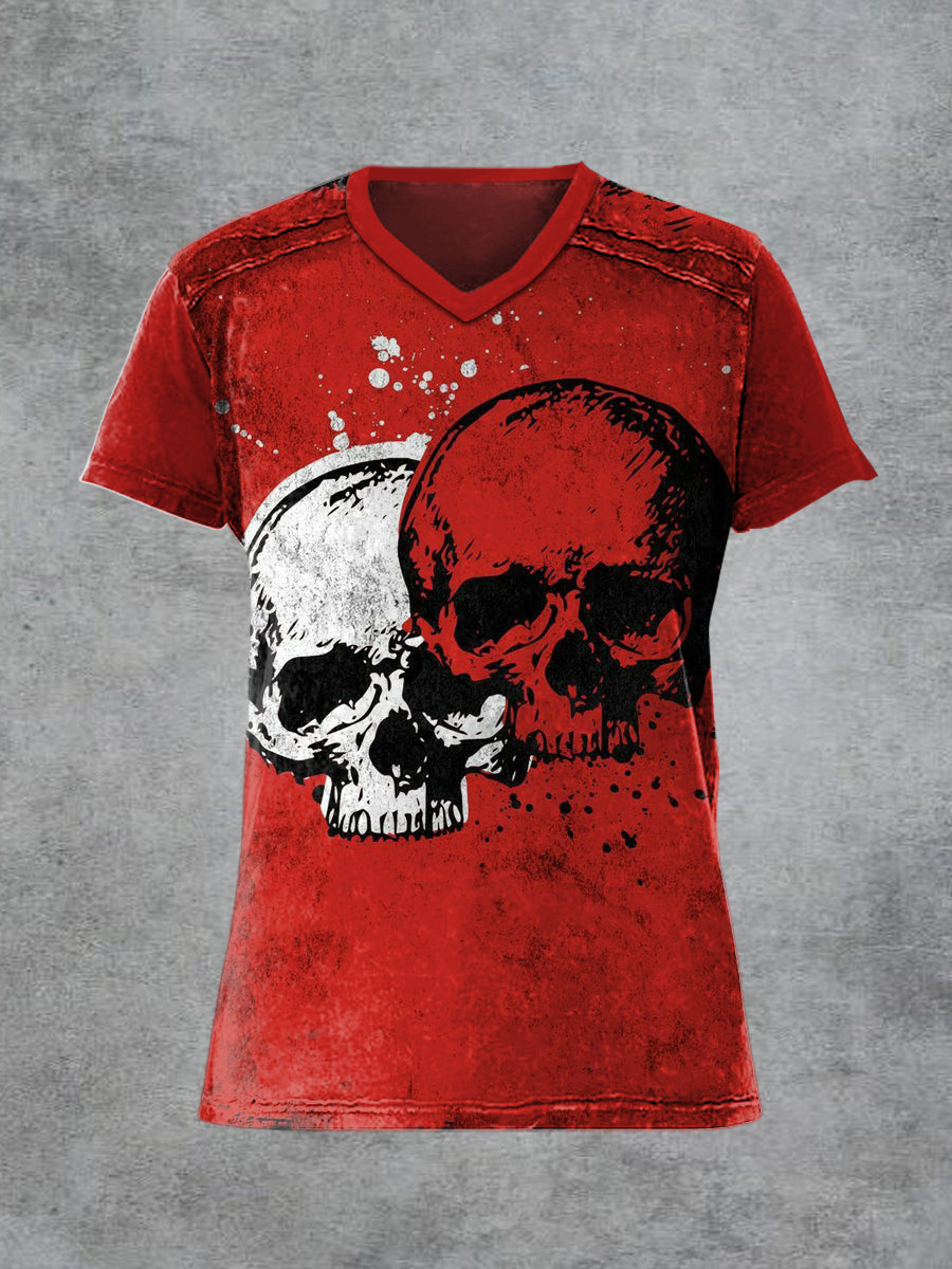 Men's Retro Skull Printed V-neck Short-Sleeved T-shirt