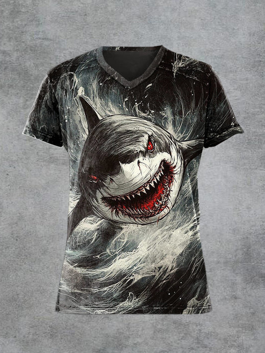 Men's Retro Shark Printed V-neck Short-Sleeved T-shirt