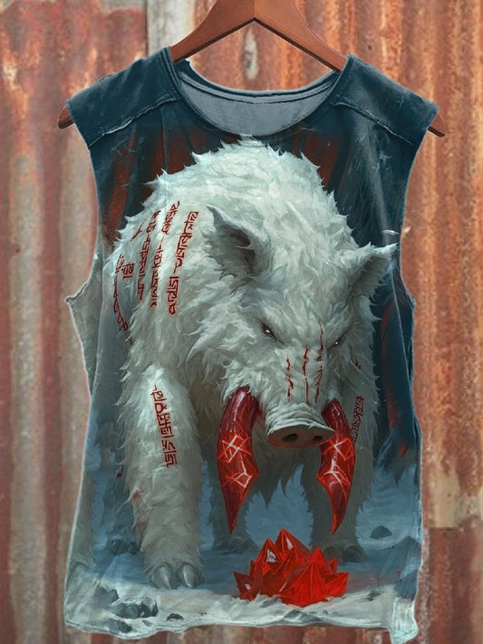 Vintage Wild Boar Art Print Cotton Tank Top