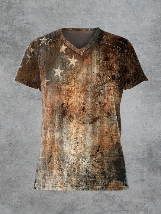 Men's Retro Printed V-neck Short-Sleeved T-shirt