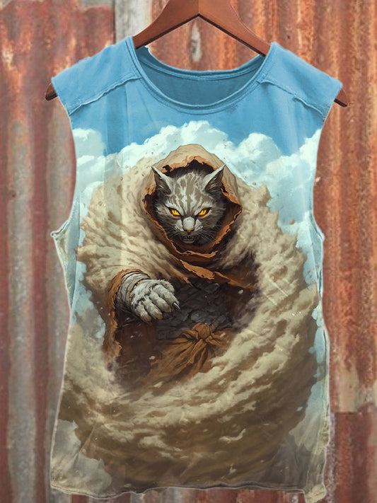 Vintage Kung Fu Cat Art Print Cotton Tank Top