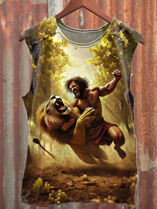 Vintage Duel Lions Print Cotton Tank Top