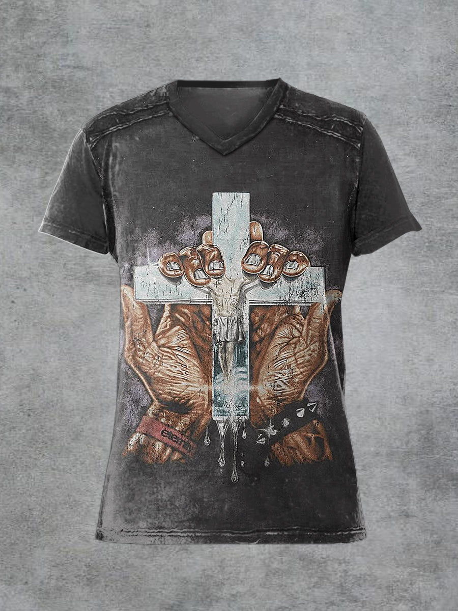 Men's Retro Faith Printed V-neck Short-Sleeved T-shirt