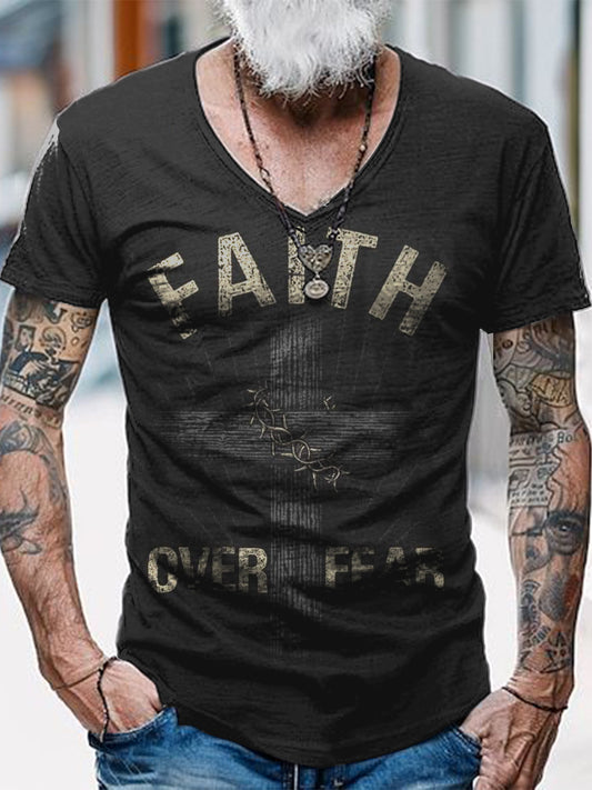Faith Printed Vintage Fashion Loose V-Neck Short Sleeve T-Shirt