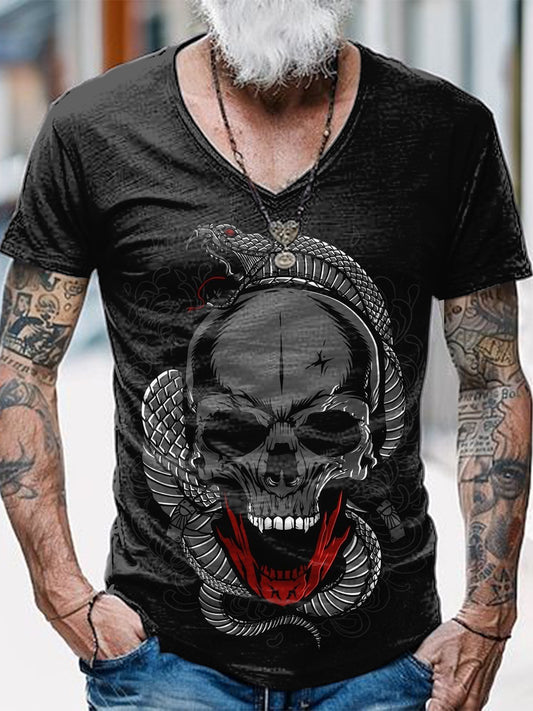 Skull Printed Vintage Fashion Loose V-Neck Short Sleeve T-Shirt
