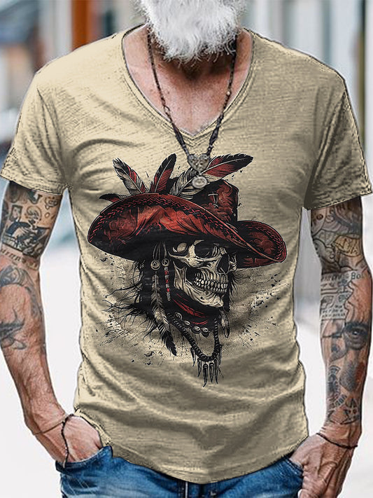 Skull Printed Vintage Fashion Loose V-Neck Short Sleeve T-Shirt