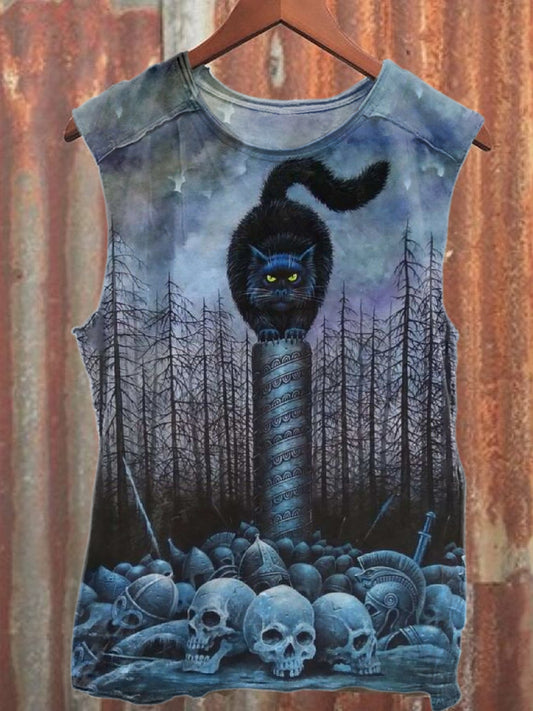 Vintage Cat Skull Print Casual Cotton Tank Top