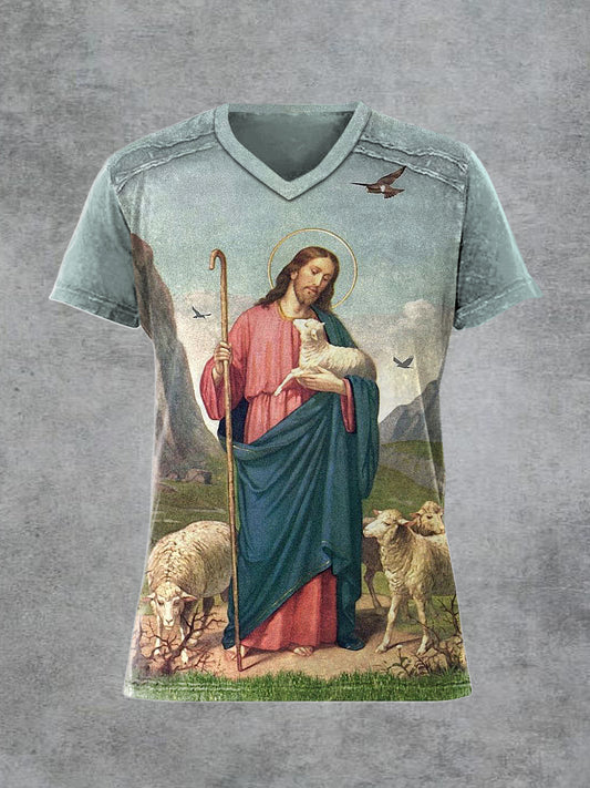 Men's Retro Jesus Printed V-neck Short-Sleeved T-shirt
