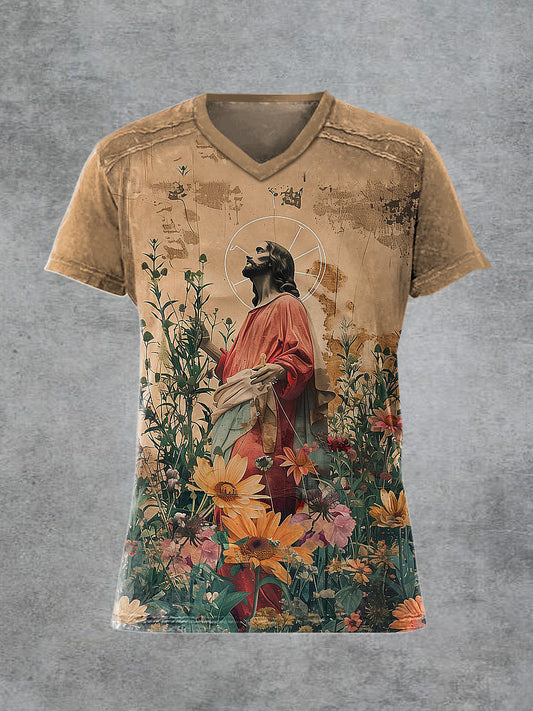 Men's Retro Jesus Printed V-neck Short-Sleeved T-shirt
