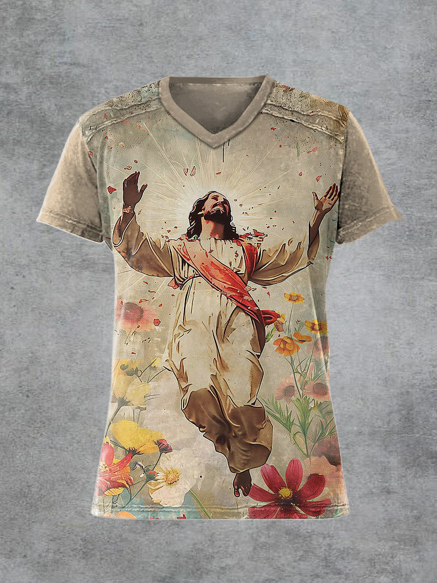 Men's Retro Jesus Printed V-neck Short-Sleeved T-shirt