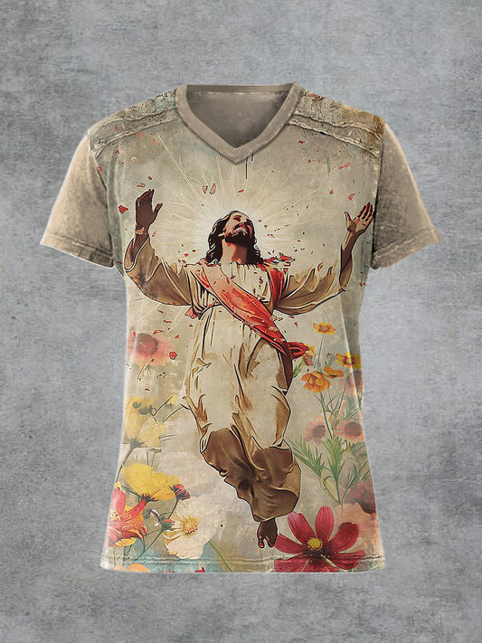 Men's Retro Jesus Printed V-neck Short-Sleeved T-shirt