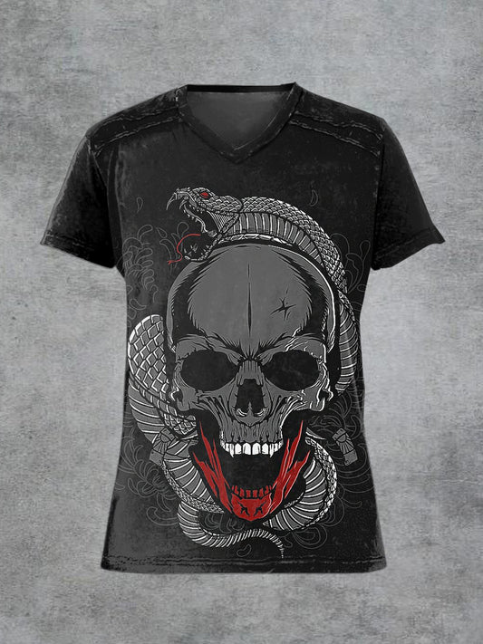 Men's Retro Skull Printed V-neck Short-Sleeved T-shirt