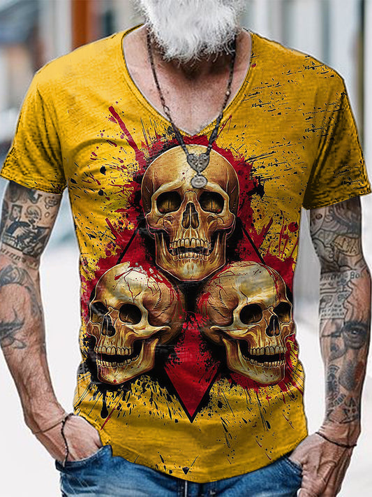 Skull Printed Vintage Fashion Loose V-Neck Short Sleeve T-Shirt