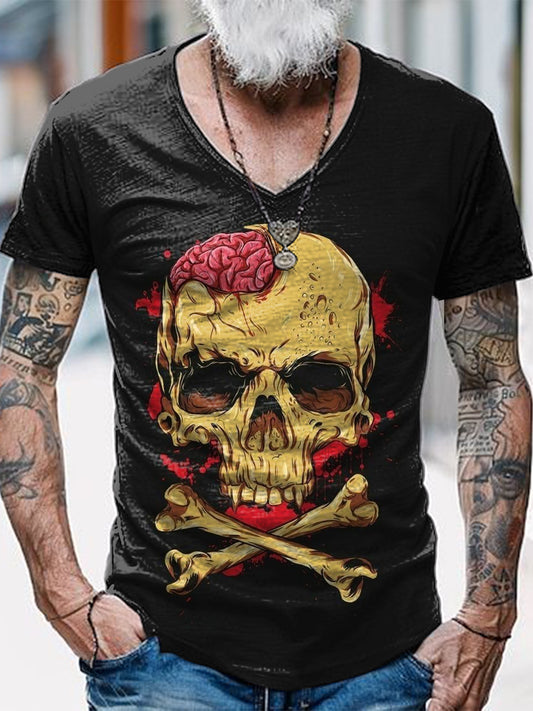 Skull Printed Vintage Fashion Loose V-Neck Short Sleeve T-Shirt