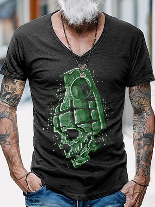 Grenade Skull Printed Vintage Fashion Loose V-Neck Short Sleeve T-Shirt