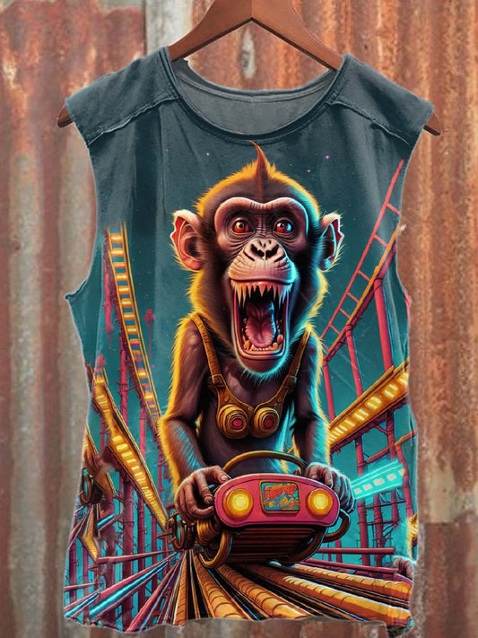 Retro Monkey Roller Coaster Print Casual Cotton Tank Top
