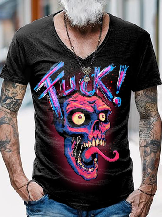 Fuck Printed Vintage Fashion Loose V-Neck Short Sleeve T-Shirt