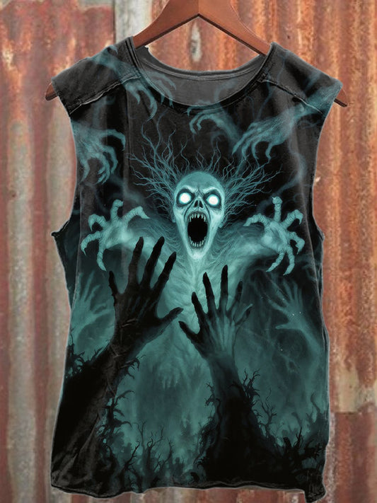 Retro Horror Ghost Print Casual Cotton Tank Top