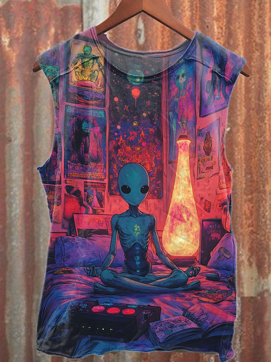 Retro Alien Graffiti Print Casual Cotton Tank Top